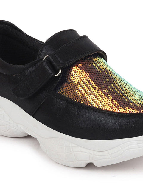 Shop Women Black Stylish Hook & Loop Sneakers Online.