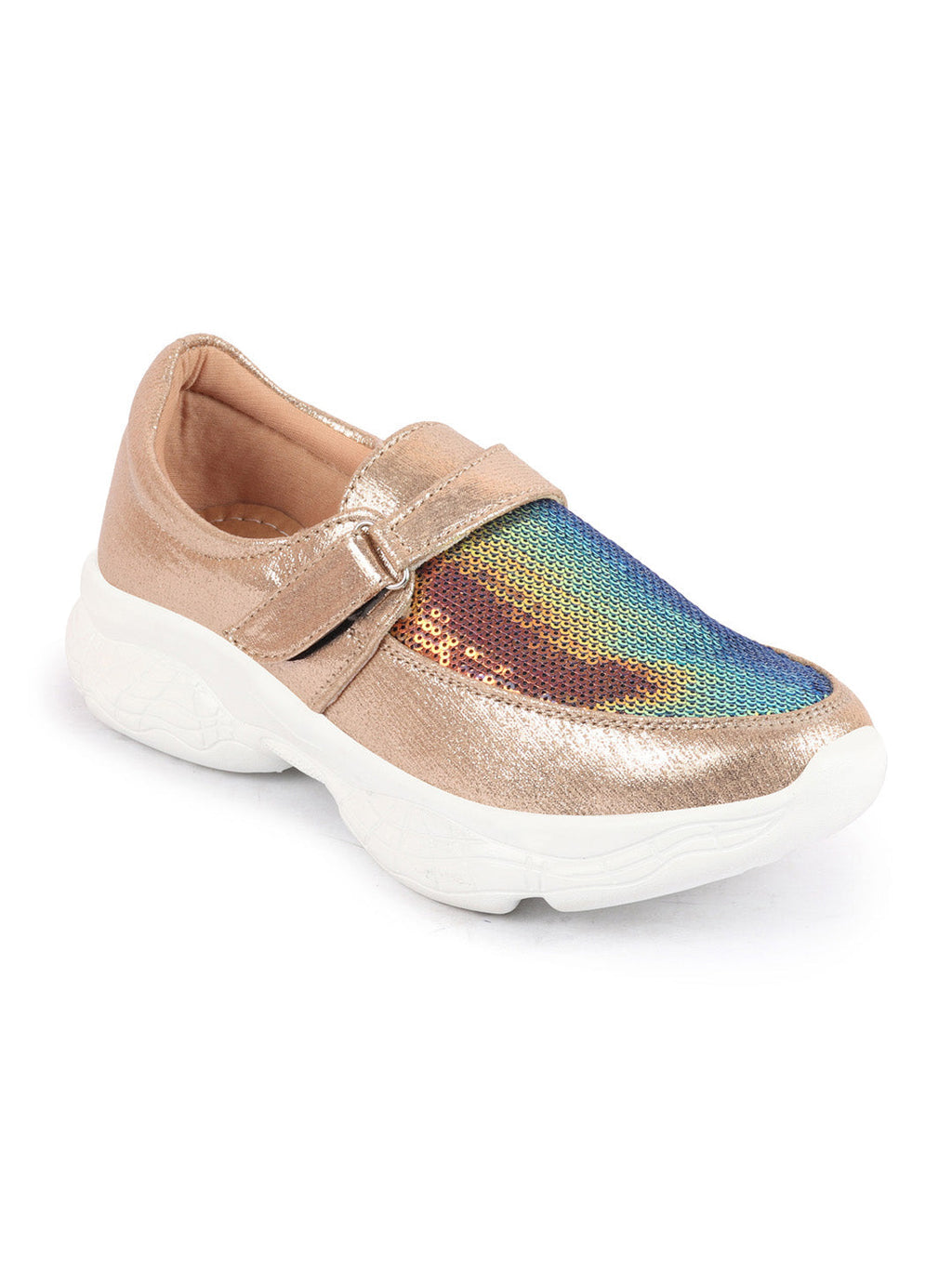 Shop Women Golden Stylish Hook & Loop Sneakers Online.