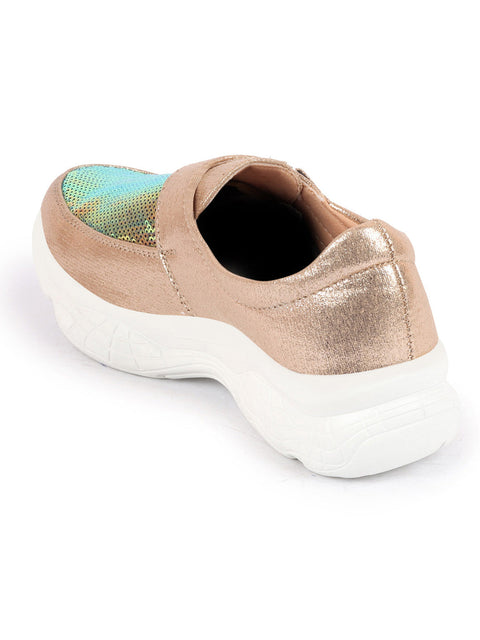 Shop Women Golden Stylish Hook & Loop Sneakers Online.