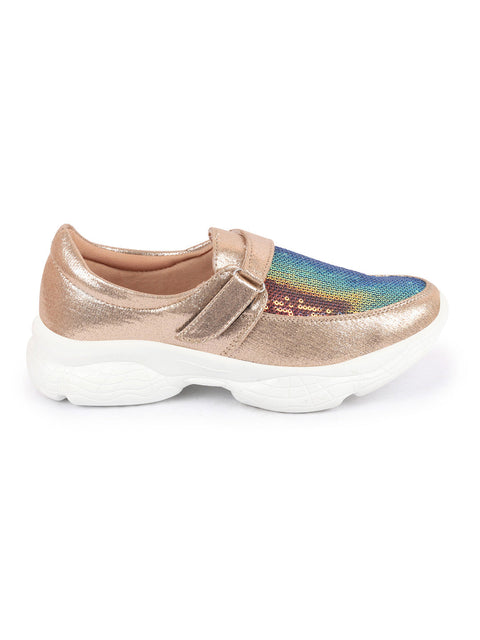 Shop Women Golden Stylish Hook & Loop Sneakers Online.