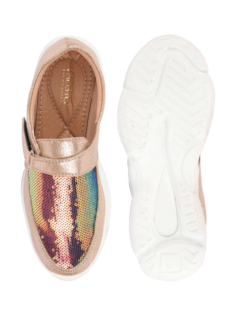 Shop Women Golden Stylish Hook & Loop Sneakers Online.