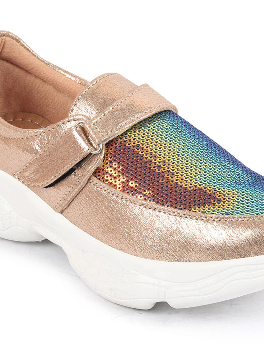 Shop Women Golden Stylish Hook & Loop Sneakers Online.