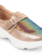 Shop Women Golden Stylish Hook & Loop Sneakers Online.