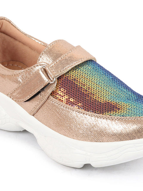 Shop Women Golden Stylish Hook & Loop Sneakers Online.