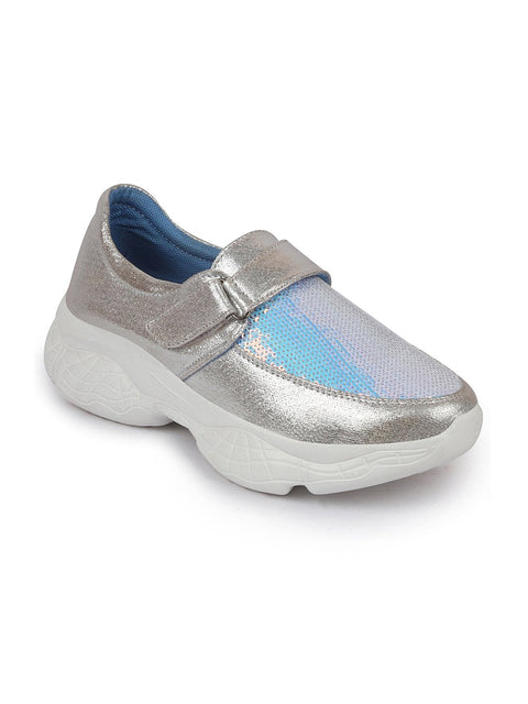 Shop Women Silver Stylish Hook & Loop Sneakers Online.