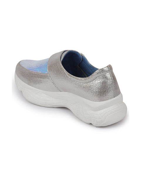 Shop Women Silver Stylish Hook & Loop Sneakers Online.