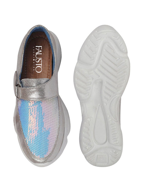 Shop Women Silver Stylish Hook & Loop Sneakers Online.