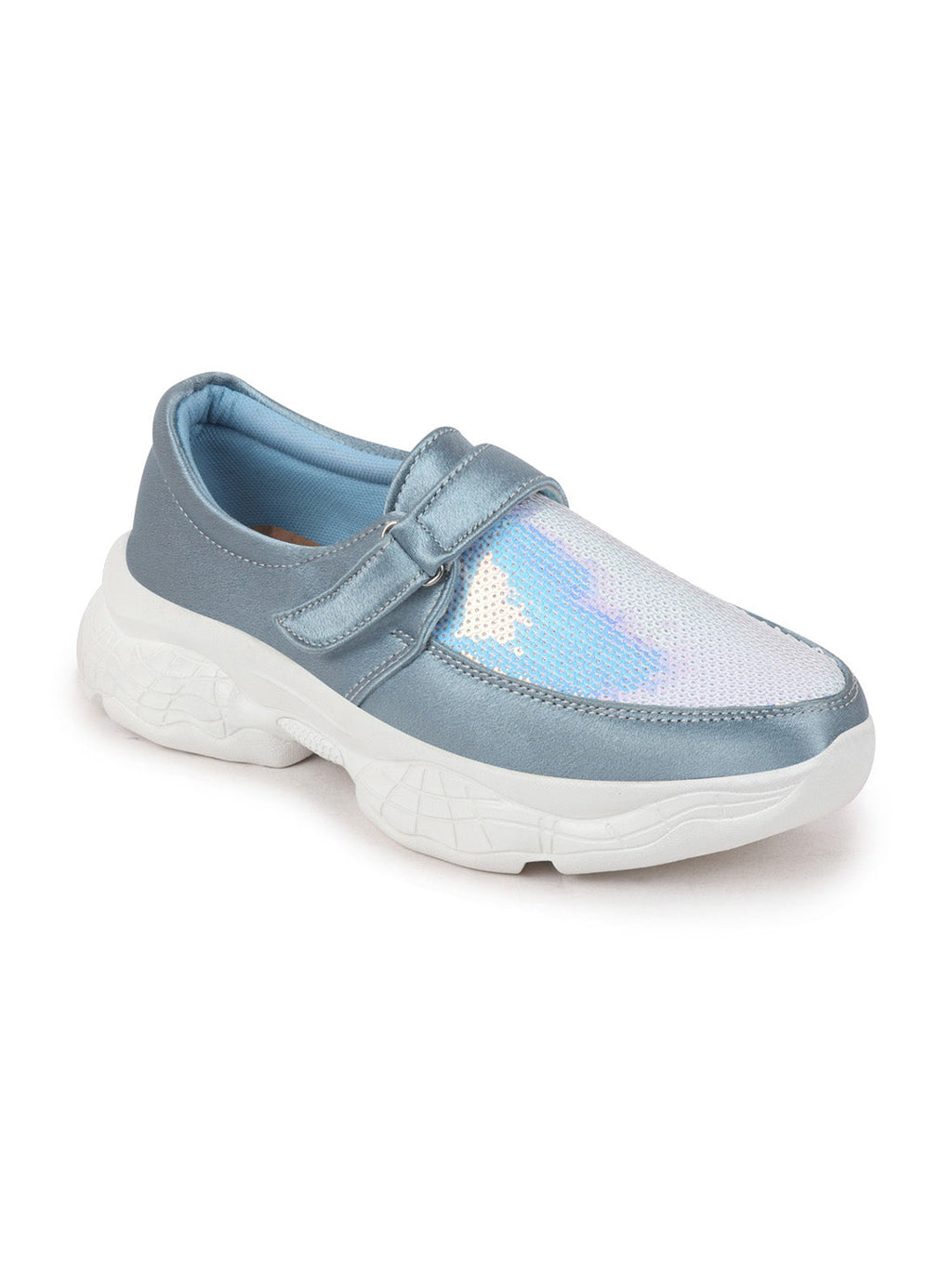 Shop Women Sky Blue Stylish Slip On Sneakers Online.