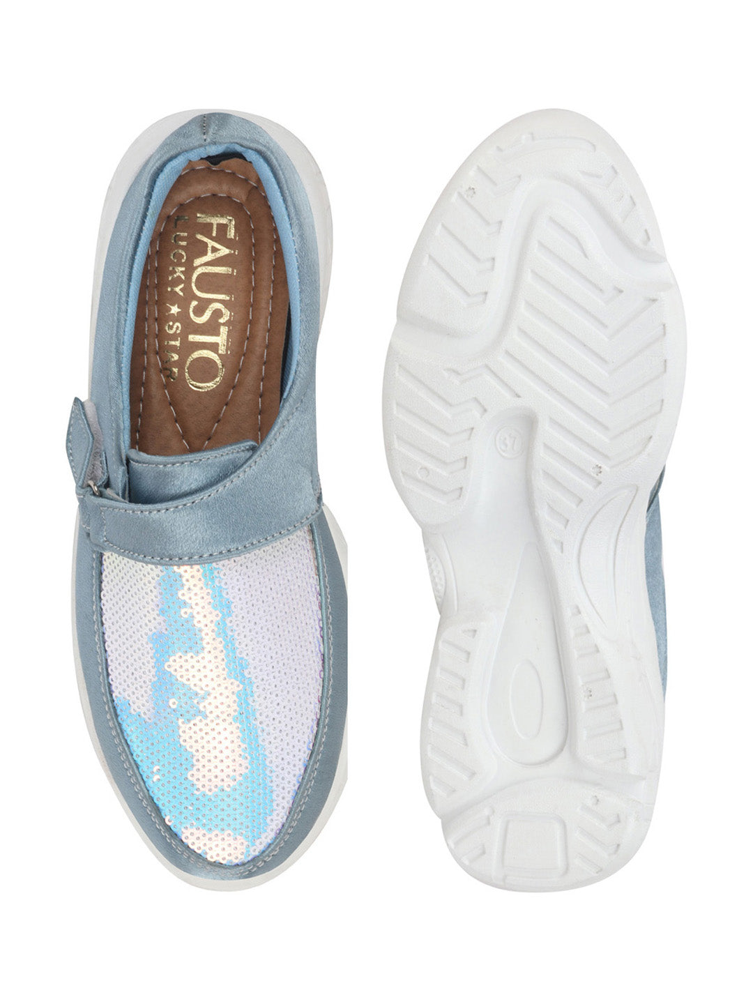 Shop Women Sky Blue Stylish Slip On Sneakers Online.