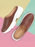 Women Brown Laser Cut Design Stitched Back Open Slip On Mules Shoes