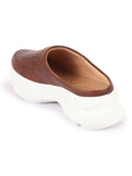 Women Brown Laser Cut Design Stitched Back Open Slip On Mules Shoes