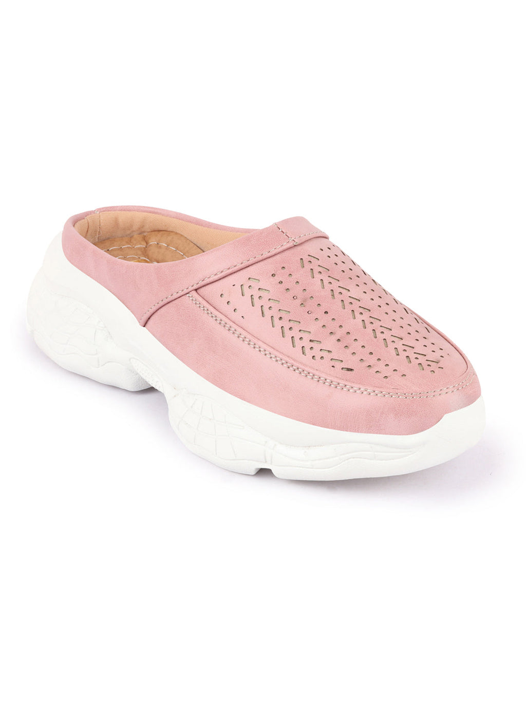 Shop Women Pink Laser Cut Design Stitched Back Open Slip On Mules Shoes Online.