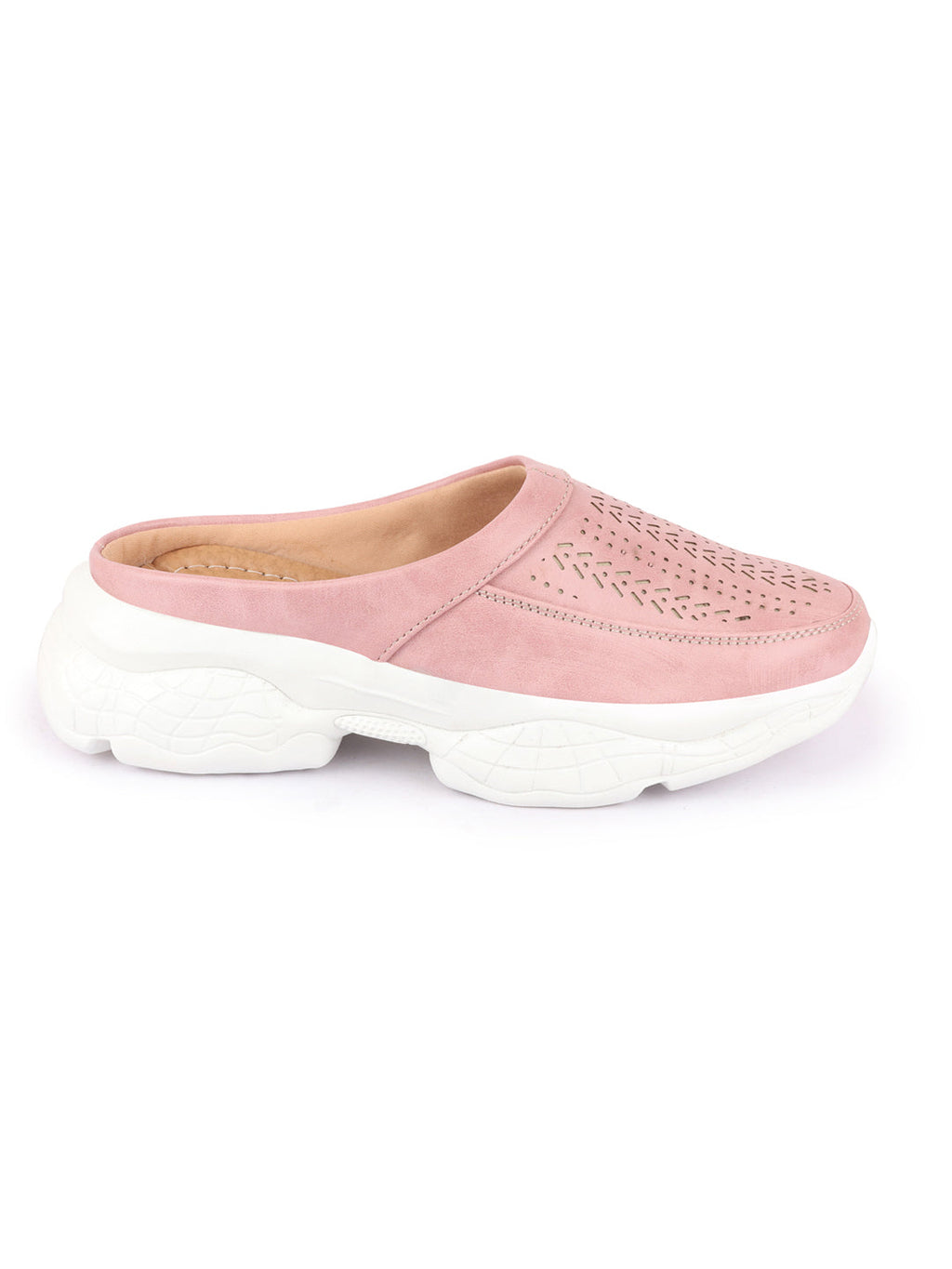 Shop Women Pink Laser Cut Design Stitched Back Open Slip On Mules Shoes Online.