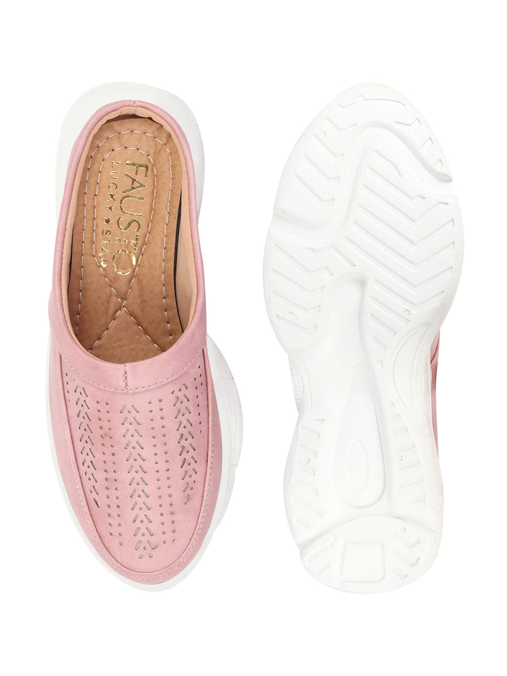 Shop Women Pink Laser Cut Design Stitched Back Open Slip On Mules Shoes Online.