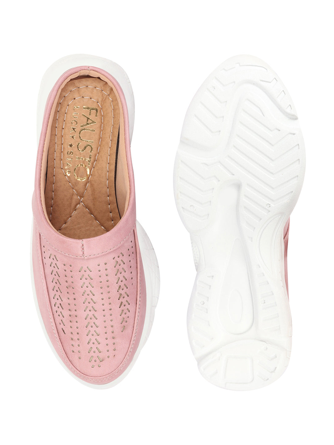 Shop Women Pink Laser Cut Design Stitched Back Open Slip On Mules Shoes Online.