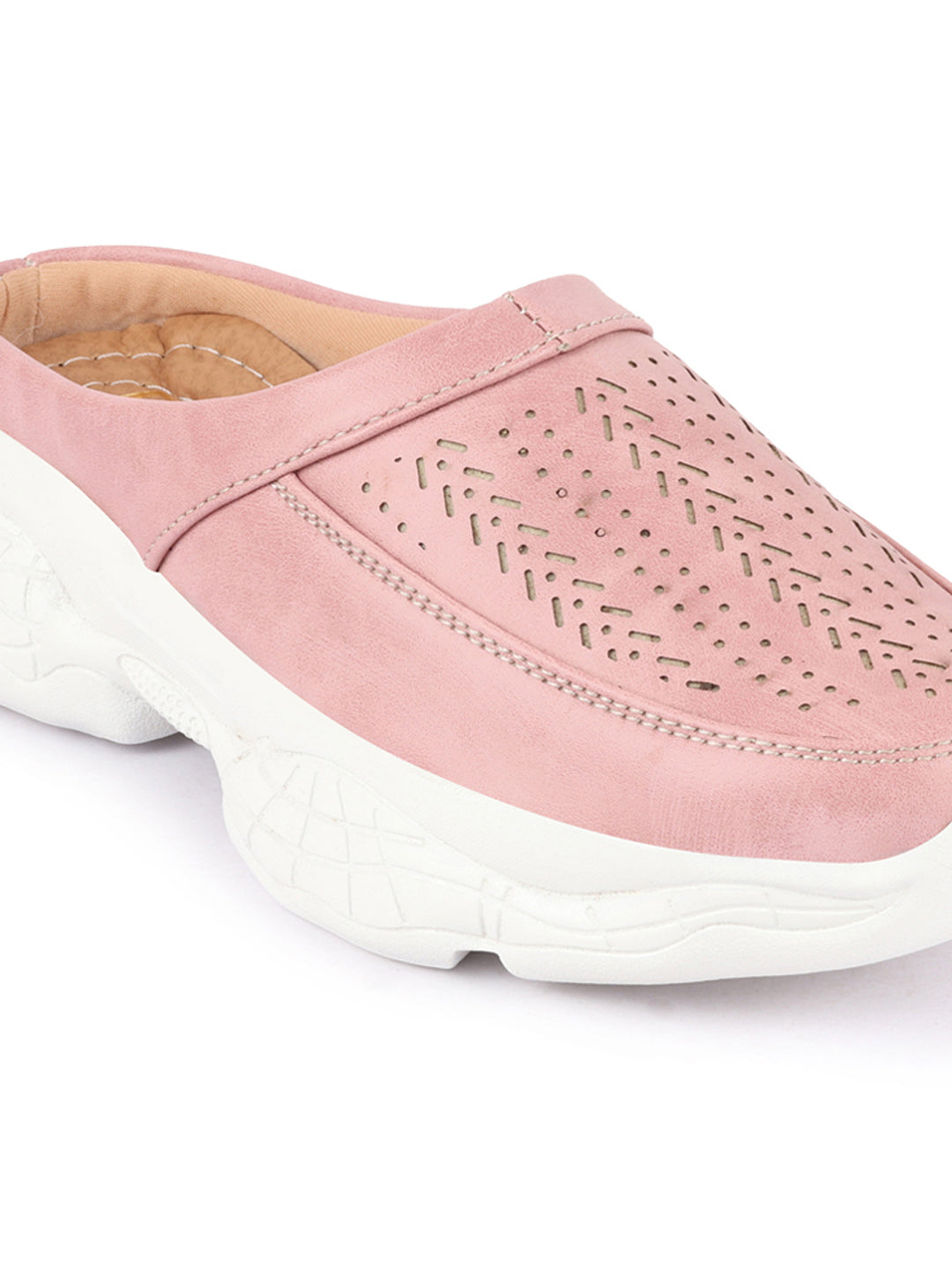 Shop Women Pink Laser Cut Design Stitched Back Open Slip On Mules Shoes Online.