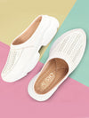 Women White Laser Cut Design Stitched Back Open Slip On Mules Shoes