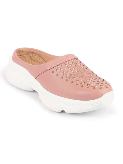 Shop Women Peach Laser Cut Design Stitched Back Open Slip-On Mules Shoes Online.