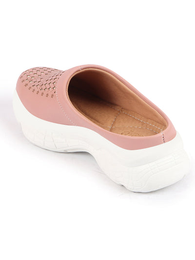 Shop Women Peach Laser Cut Design Stitched Back Open Slip-On Mules Shoes Online.