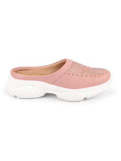 Shop Women Peach Laser Cut Design Stitched Back Open Slip-On Mules Shoes Online.