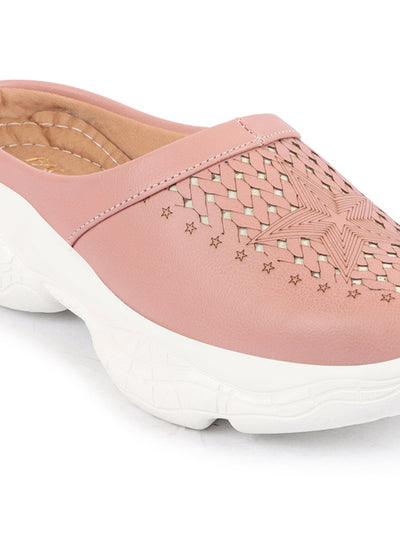 Shop Women Peach Laser Cut Design Stitched Back Open Slip-On Mules Shoes Online.