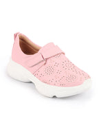 Shop Women Pink Laser Cut Design Stitched Back Open Hook & Loop Buckle Mules Shoes Online.