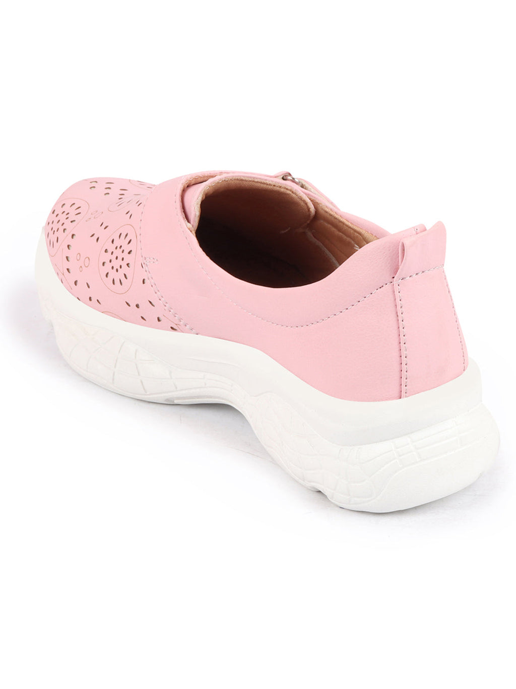 Shop Women Pink Laser Cut Design Stitched Back Open Hook & Loop Buckle Mules Shoes Online.