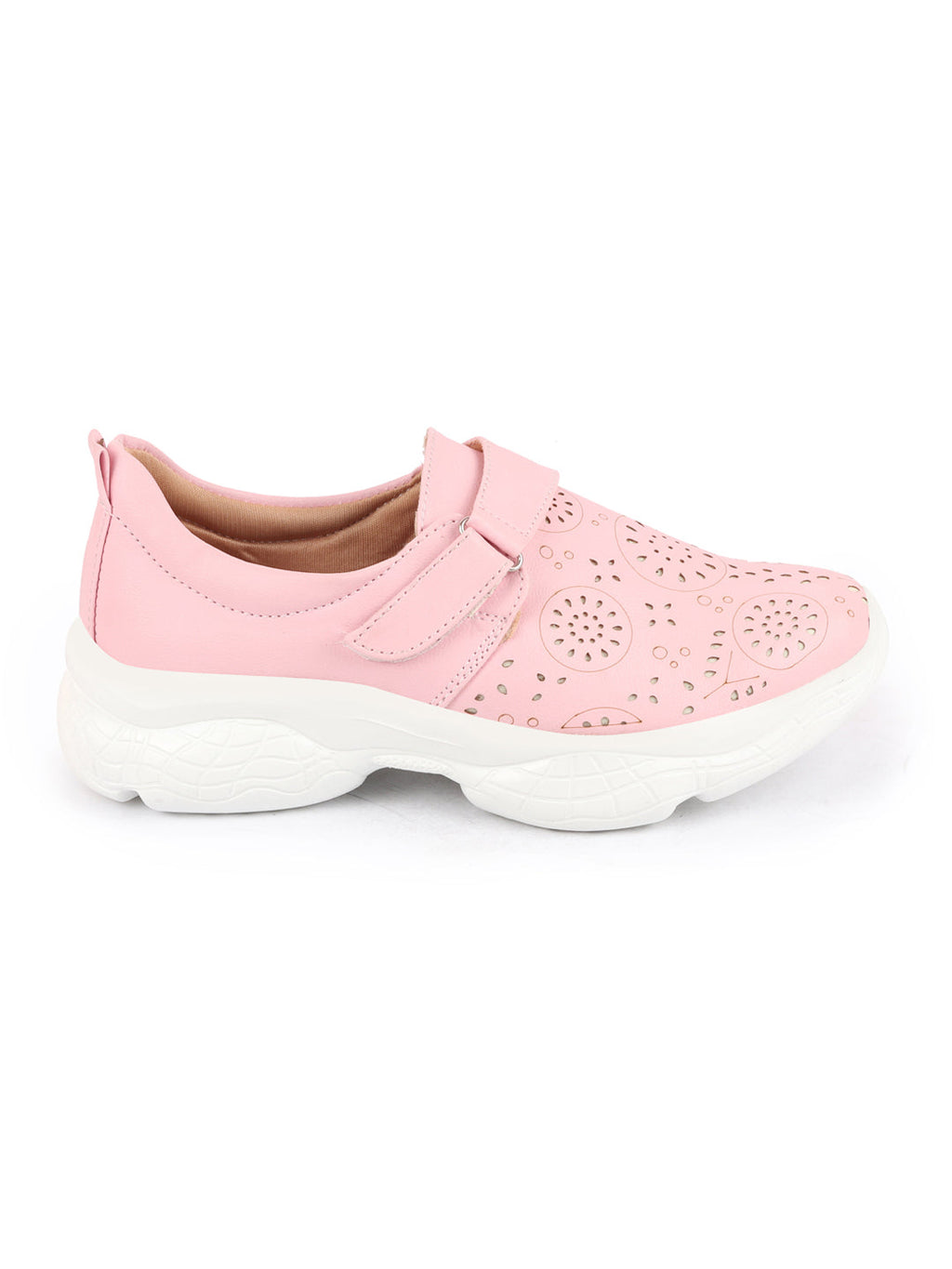 Shop Women Pink Laser Cut Design Stitched Back Open Hook & Loop Buckle Mules Shoes Online.