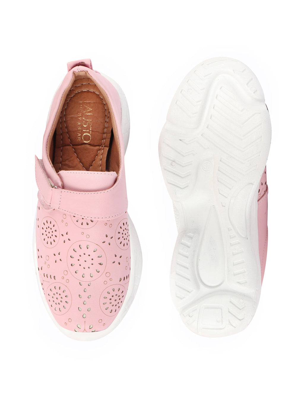 Shop Women Pink Laser Cut Design Stitched Back Open Hook & Loop Buckle Mules Shoes Online.