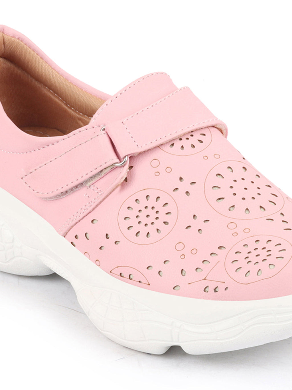 Shop Women Pink Laser Cut Design Stitched Back Open Hook & Loop Buckle Mules Shoes Online.