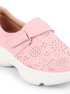 Shop Women Pink Laser Cut Design Stitched Back Open Hook & Loop Buckle Mules Shoes Online.