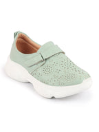 Shop Women Pista Green Laser Cut Design Stitched Back Open Hook & Loop Buckle Mules Shoes Online.