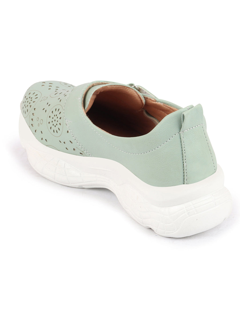 Shop Women Pista Green Laser Cut Design Stitched Back Open Hook & Loop Buckle Mules Shoes Online.