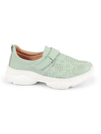 Shop Women Pista Green Laser Cut Design Stitched Back Open Hook & Loop Buckle Mules Shoes Online.