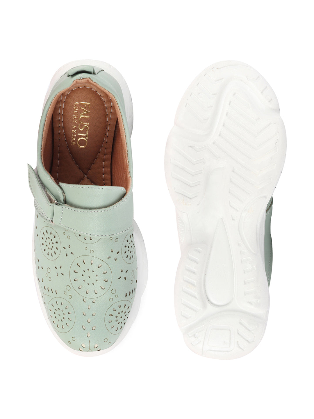 Shop Women Pista Green Laser Cut Design Stitched Back Open Hook & Loop Buckle Mules Shoes Online.