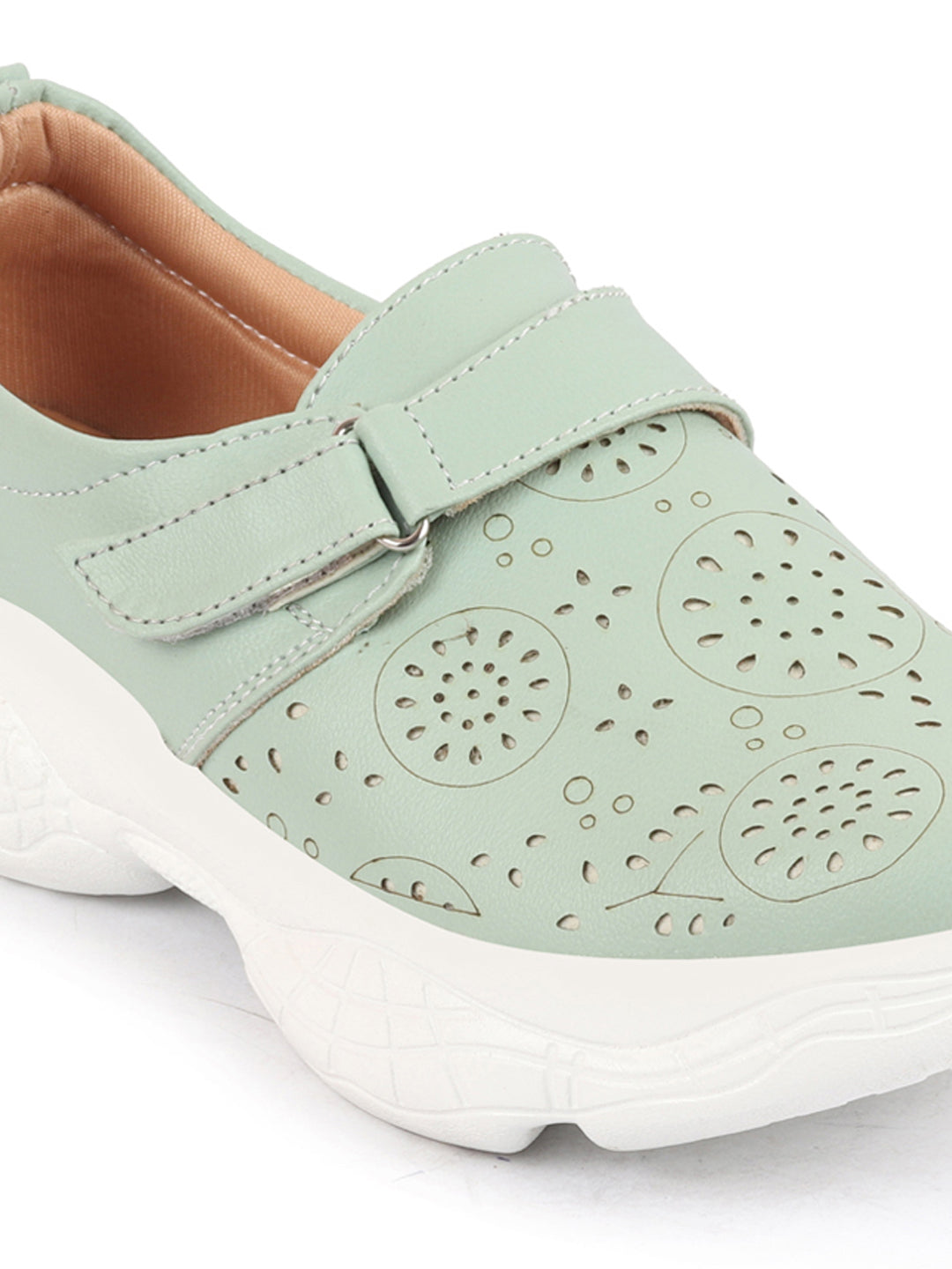 Shop Women Pista Green Laser Cut Design Stitched Back Open Hook & Loop Buckle Mules Shoes Online.