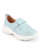 Shop Women Sky Blue Laser Cut Design Stitched Back Open Hook & Loop Buckle Mules Shoes Online.