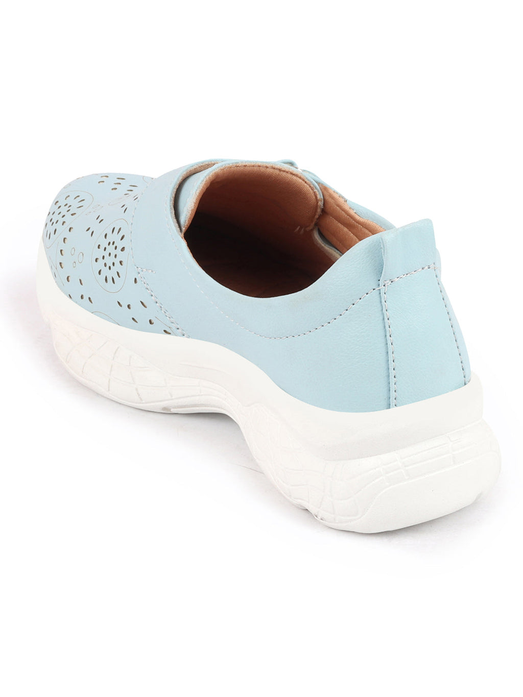 Shop Women Sky Blue Laser Cut Design Stitched Back Open Hook & Loop Buckle Mules Shoes Online.