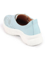 Shop Women Sky Blue Laser Cut Design Stitched Back Open Hook & Loop Buckle Mules Shoes Online.