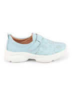 Shop Women Sky Blue Laser Cut Design Stitched Back Open Hook & Loop Buckle Mules Shoes Online.