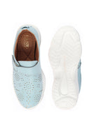 Shop Women Sky Blue Laser Cut Design Stitched Back Open Hook & Loop Buckle Mules Shoes Online.