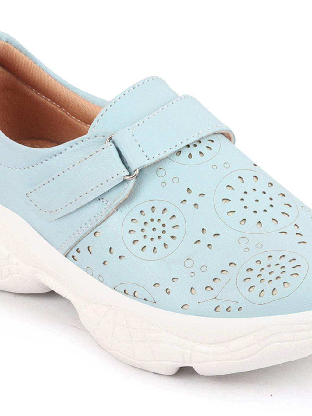 Shop Women Sky Blue Laser Cut Design Stitched Back Open Hook & Loop Buckle Mules Shoes Online.
