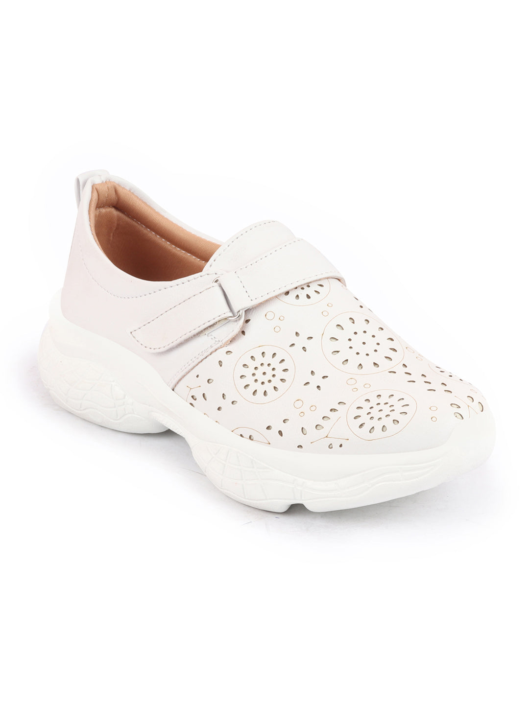 Shop Women White Laser Cut Design Stitched Back Open Hook & Loop Buckle Mules Shoes Online.