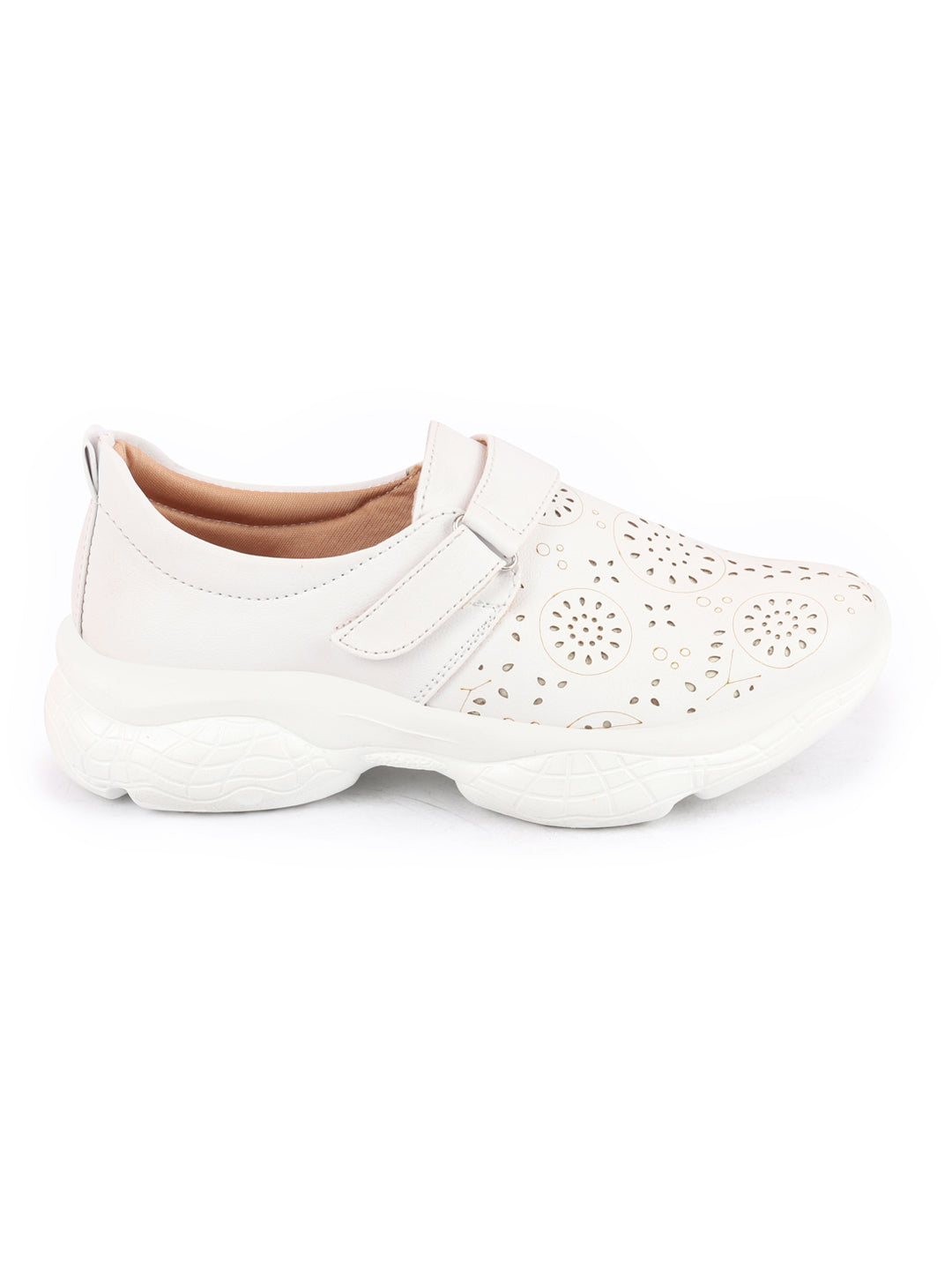 Shop Women White Laser Cut Design Stitched Back Open Hook & Loop Buckle Mules Shoes Online.