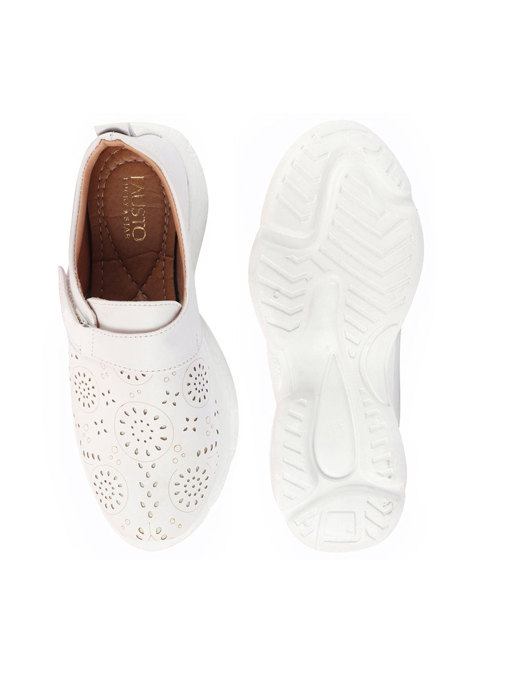 Shop Women White Laser Cut Design Stitched Back Open Hook & Loop Buckle Mules Shoes Online.