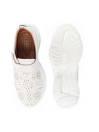 Shop Women White Laser Cut Design Stitched Back Open Hook & Loop Buckle Mules Shoes Online.