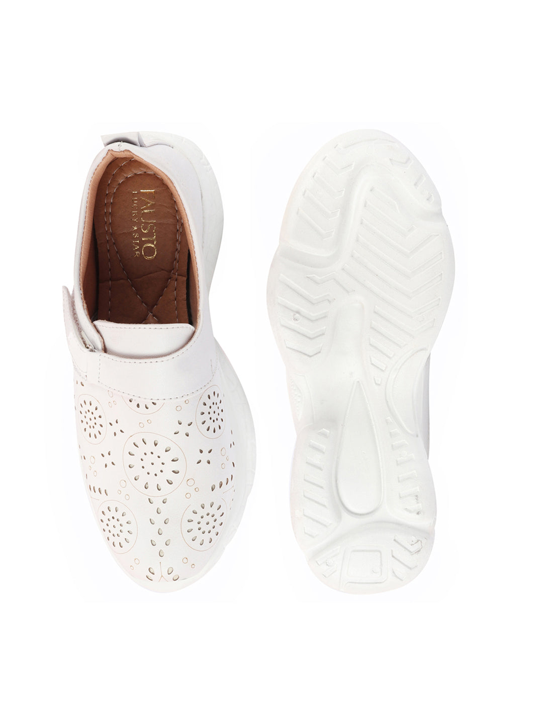 Shop Women White Laser Cut Design Stitched Back Open Hook & Loop Buckle Mules Shoes Online.