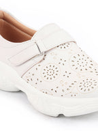 Shop Women White Laser Cut Design Stitched Back Open Hook & Loop Buckle Mules Shoes Online.