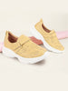 Women Yellow Laser Cut Design Stitched Back Open Hook & Loop Buckle Mules Shoes