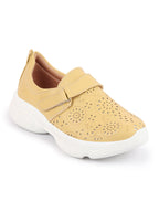Shop Women Yellow Laser Cut Design Stitched Back Open Hook & Loop Buckle Mules Shoes Online.